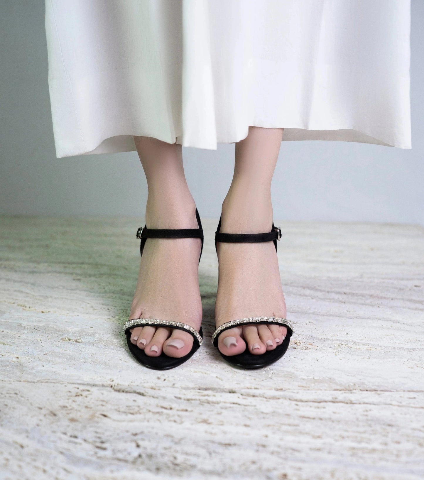 Black Rhinestone Ankle Strap Heels - 