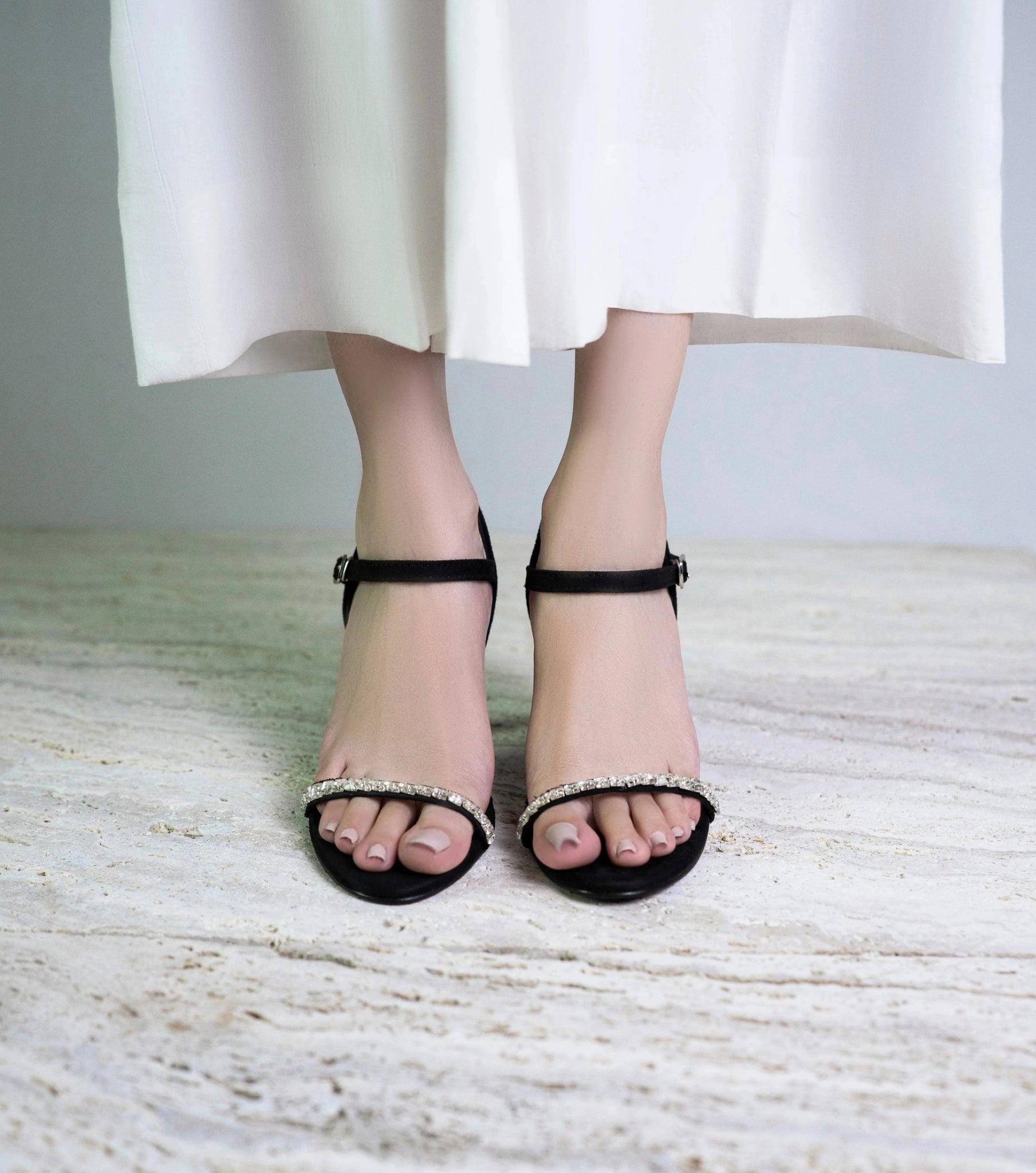 Black Rhinestone Ankle Strap Heels - 