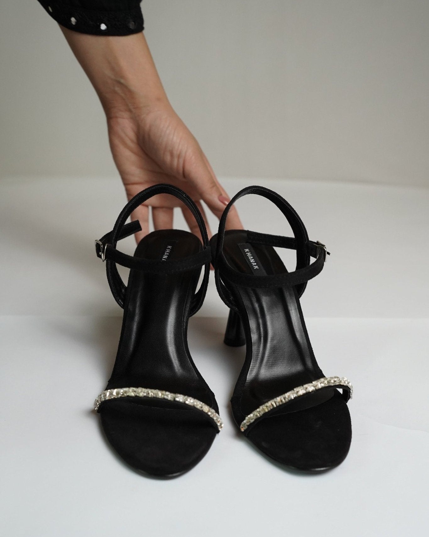 Black Rhinestone Ankle Strap Heels - 