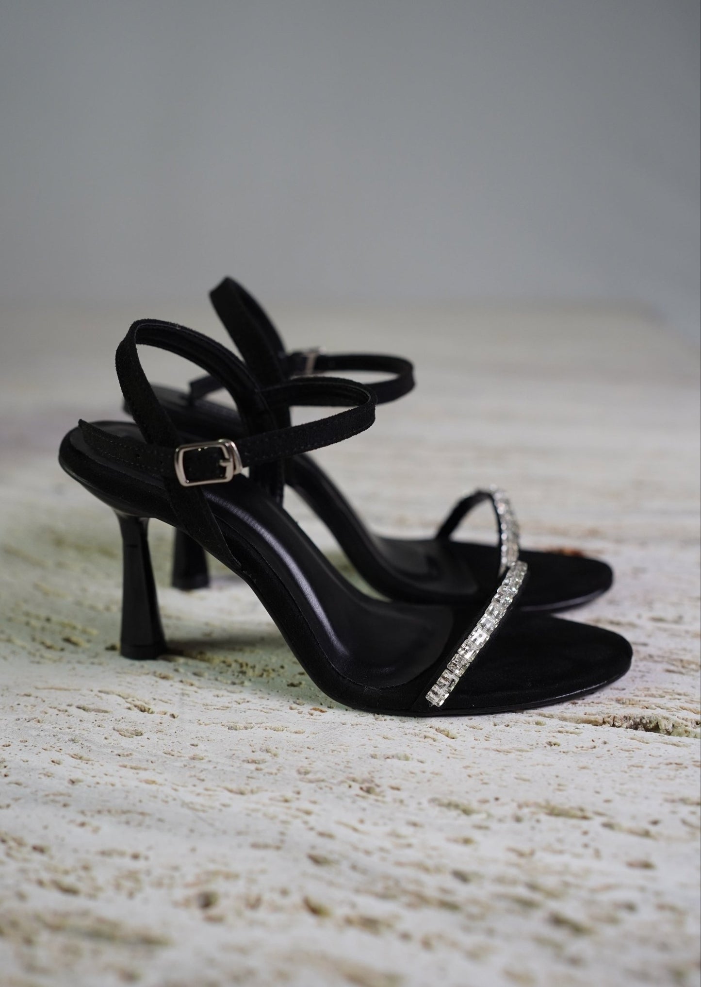 Black Rhinestone Ankle Strap Heels - 