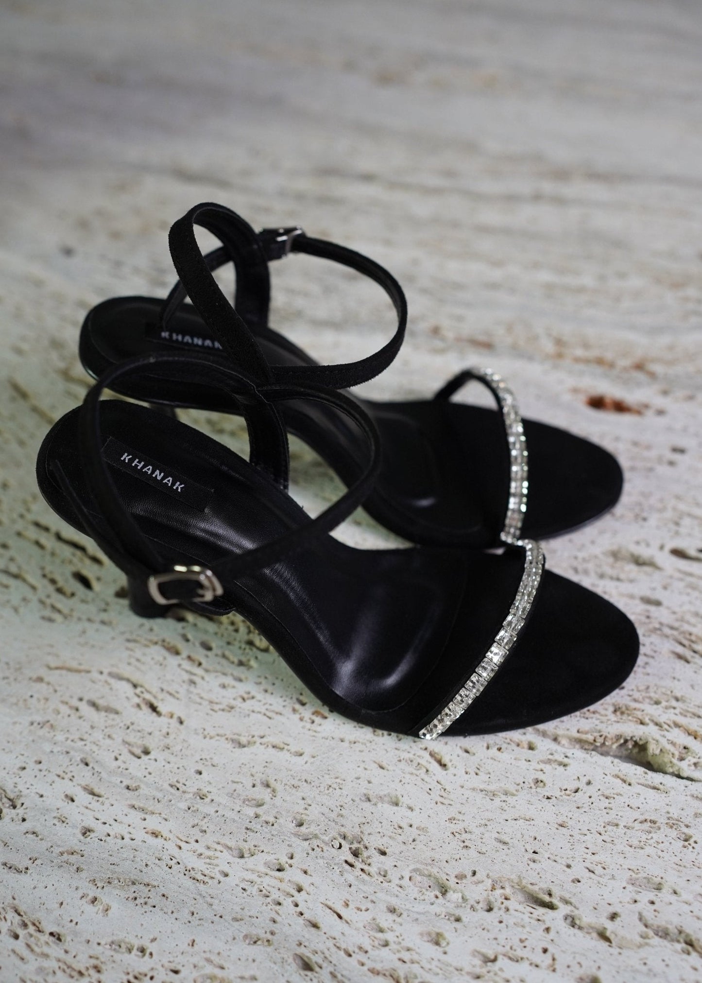 Black Rhinestone Ankle Strap Heels - 