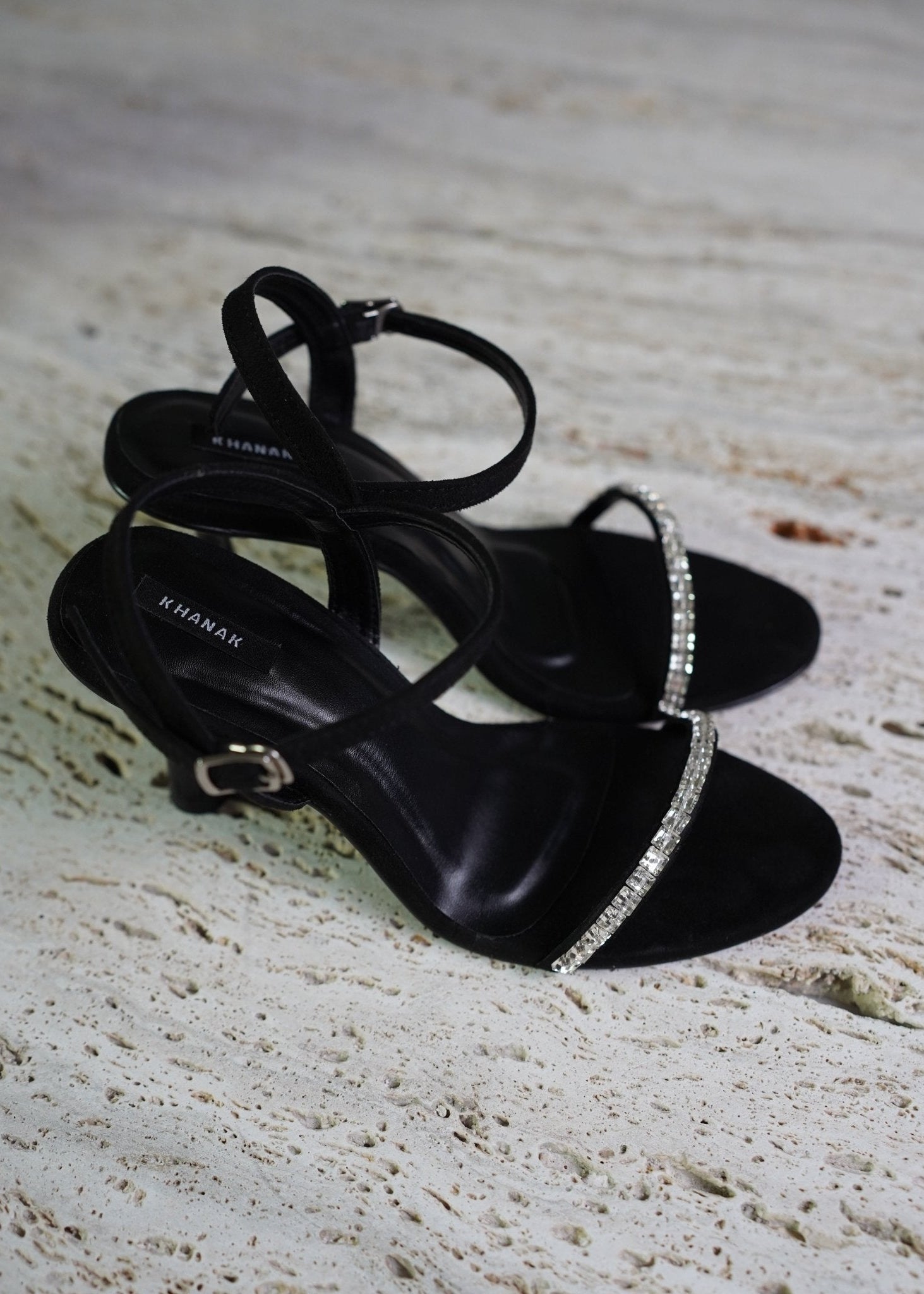 Black Rhinestone Ankle Strap Heels - 