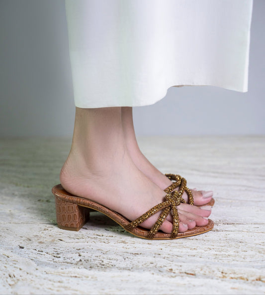 Golden Knot Croc Block Heels - 