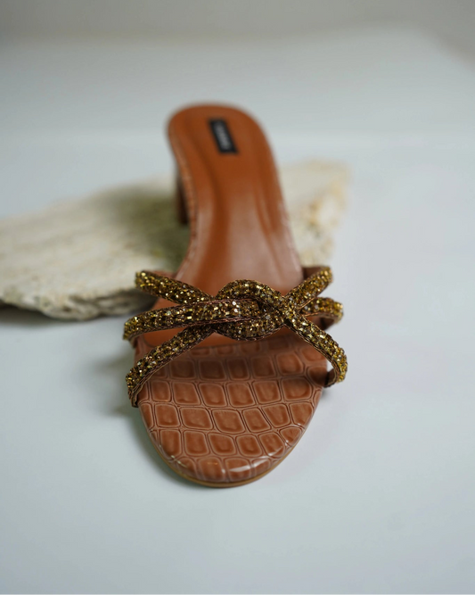 Golden Knot Croc Block Heels - 