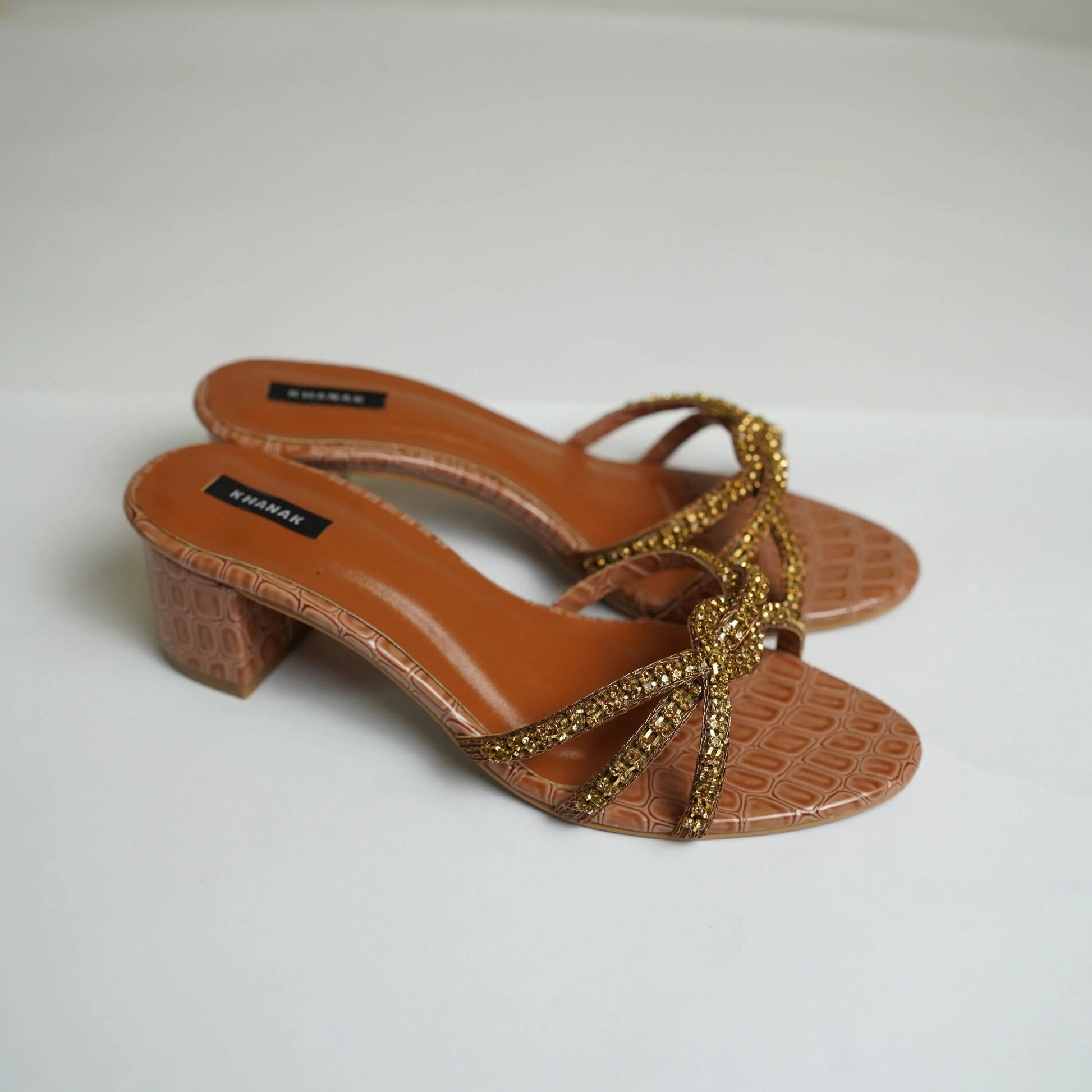 Golden Knot Croc Block Heels - 