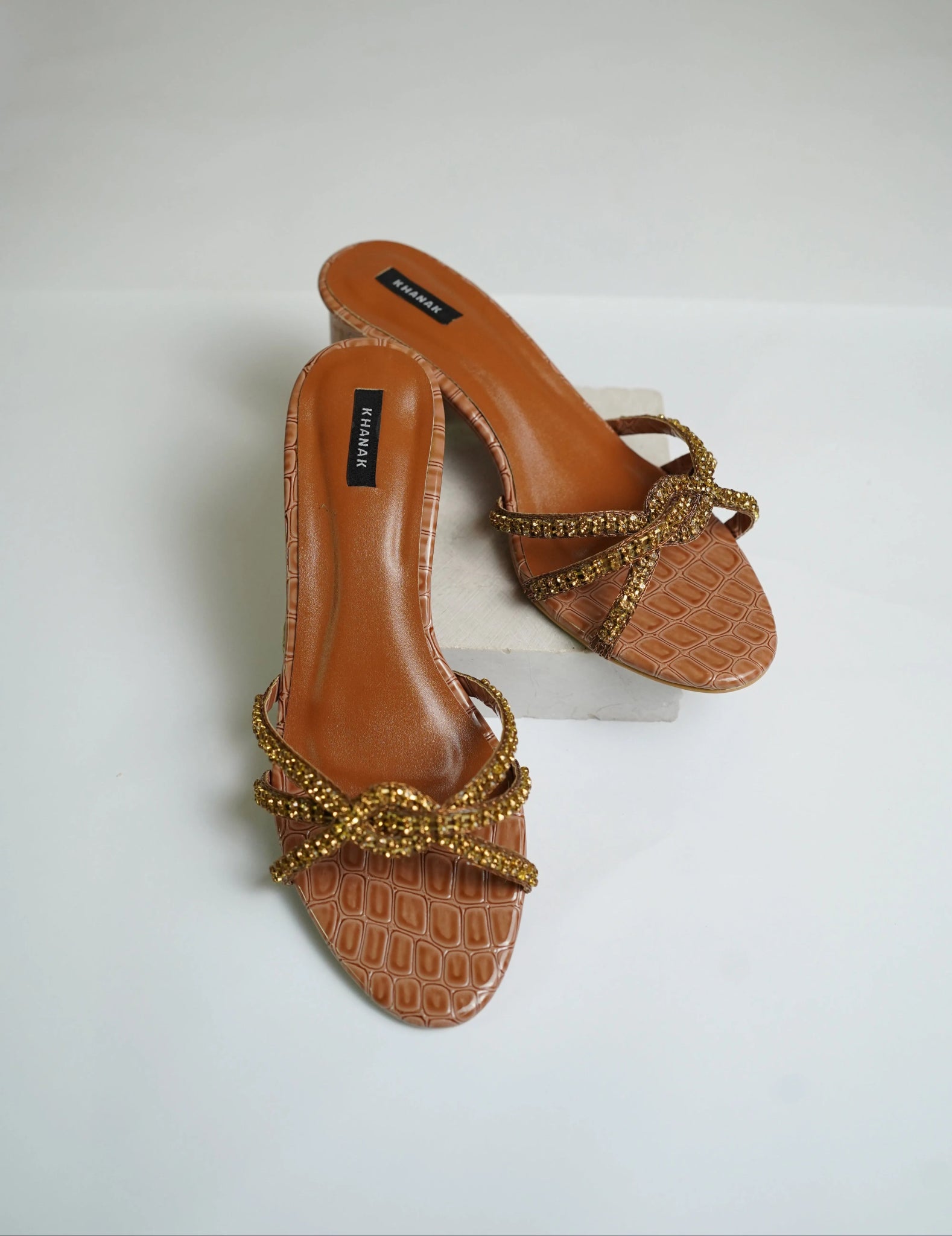 Golden Knot Croc Block Heels - 