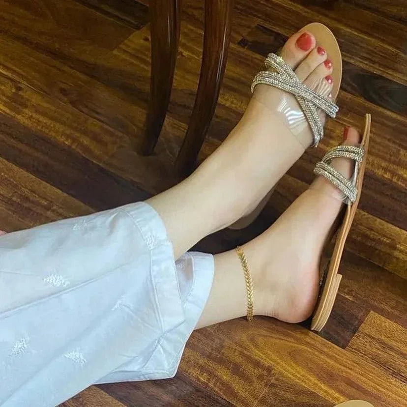 Rhinestone - Embellished Transparent Strap Slides - 