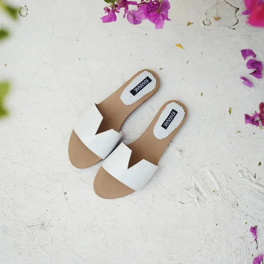 White V - Cut Leather Slide - 